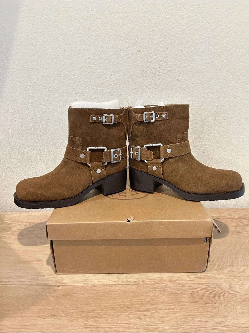 NIB ASH Texas Buckled Suede Bootie - Land, Size 39, New in Box